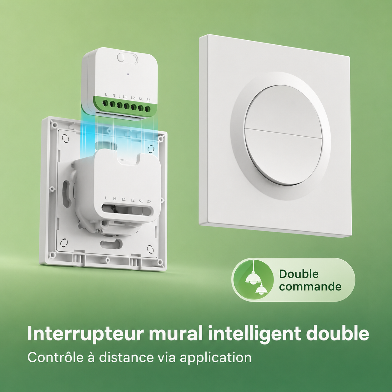 NéoSwitch Orb-Matter Dual Pro, interrupteur mural intelligent double contrôlé à distance via application.