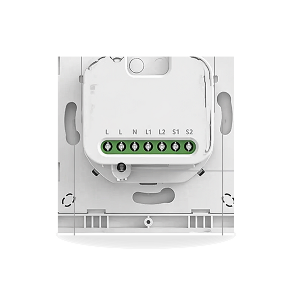 Module arrière du commutateur double canal Matter NéoSwitch Orb-Matter Dual Pro blanc avec bornier visible sur fond studio blanc.
