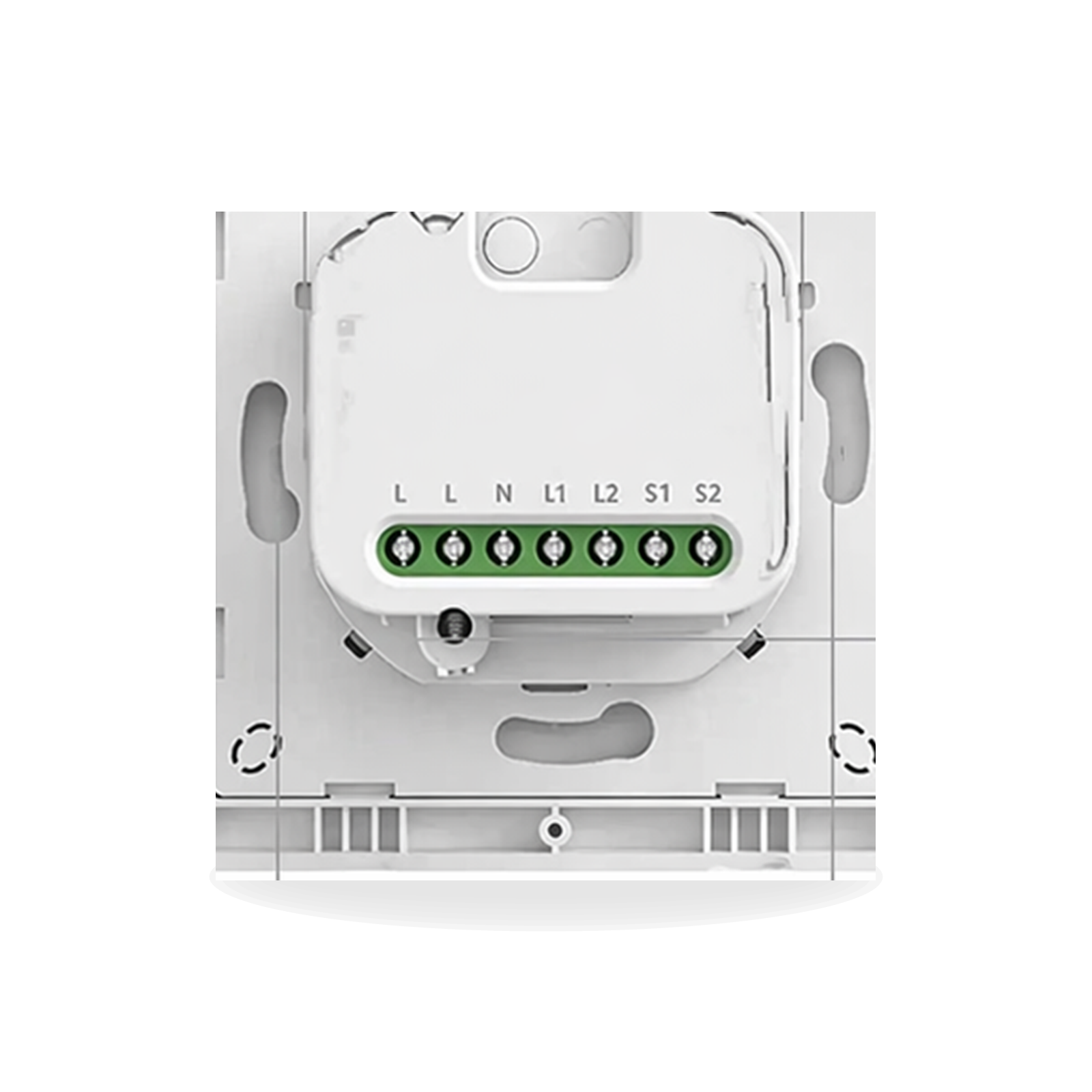 Module arrière du commutateur double canal Matter NéoSwitch Orb-Matter Dual Pro blanc avec bornier visible sur fond studio blanc.
