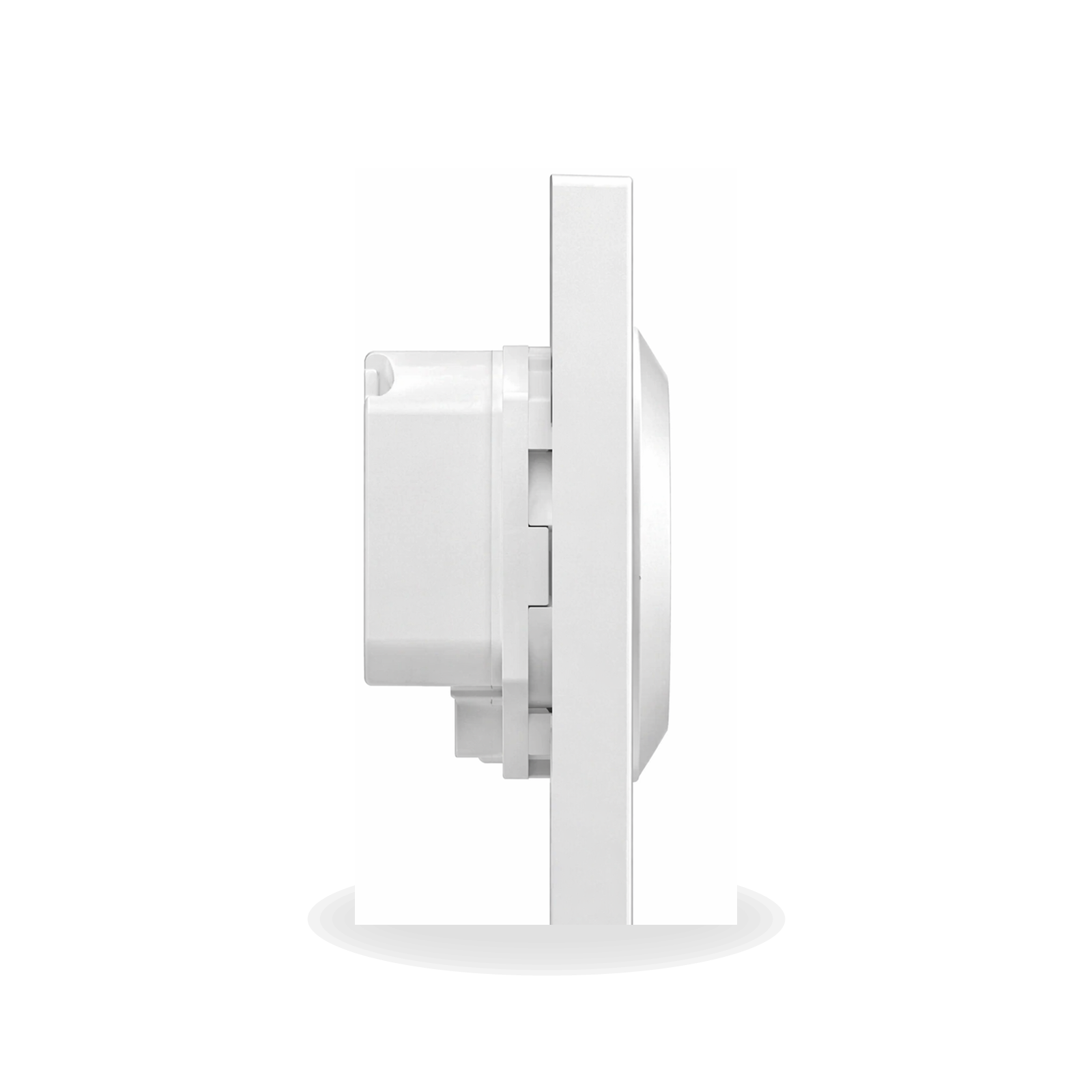 Profil latéral du commutateur double canal Matter NéoSwitch Orb-Matter Dual Pro blanc avec module arrière visible sur fond studio blanc.