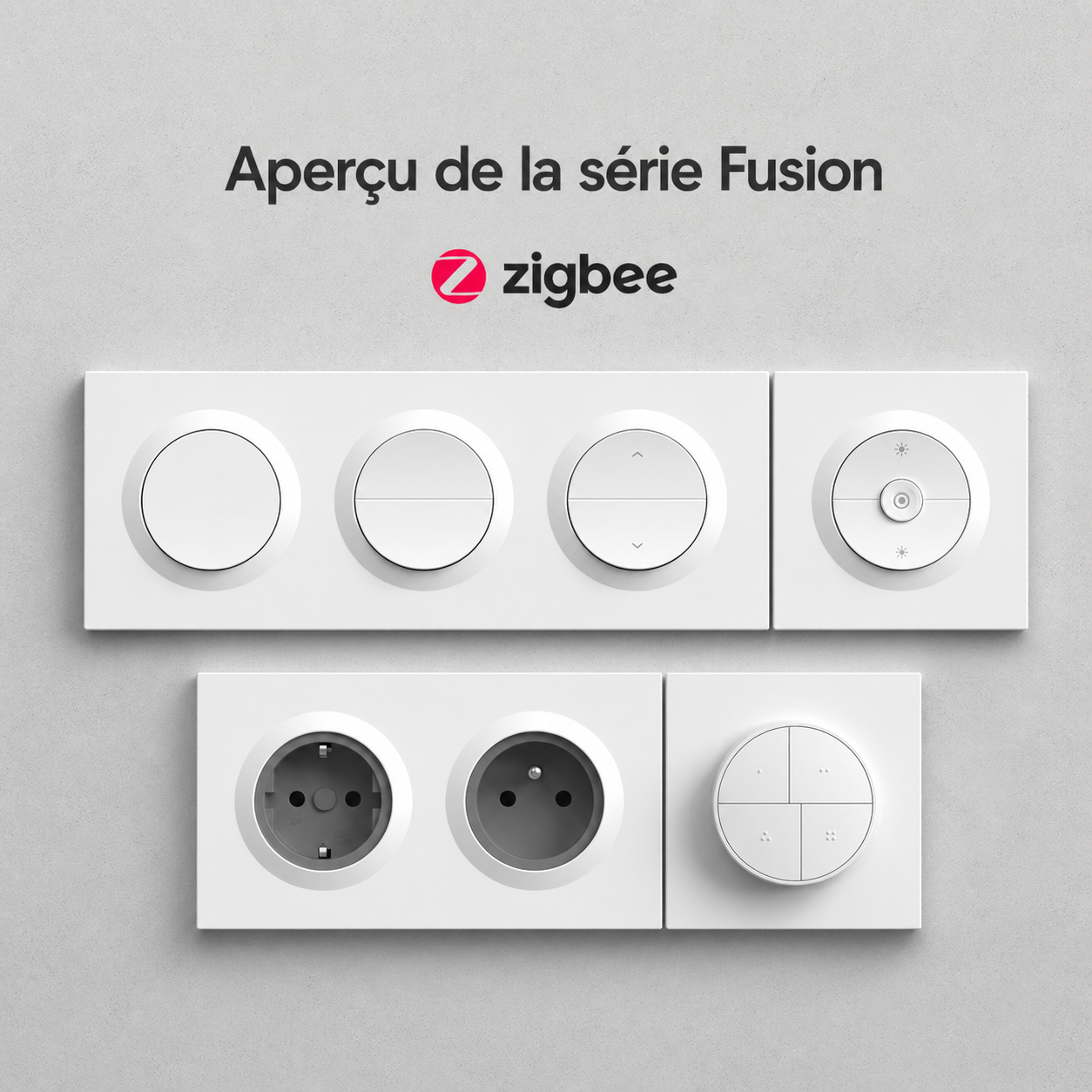 NéoSwitch Orb-Matter Dual Pro, aperçu de la série Fusion avec interrupteurs et prises connectées.