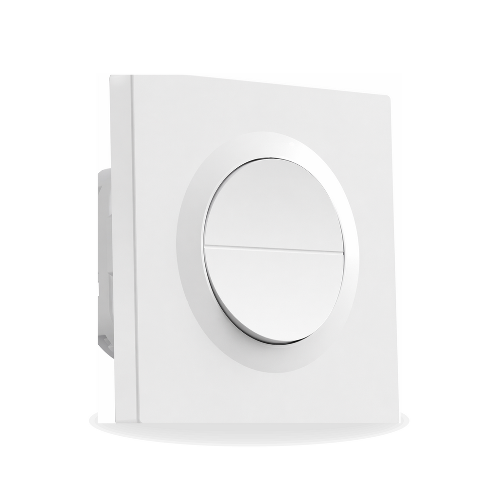Commutateur double canal Matter NéoSwitch Orb-Matter Dual Pro blanc en vue angle avec façade ronde sur fond studio blanc.