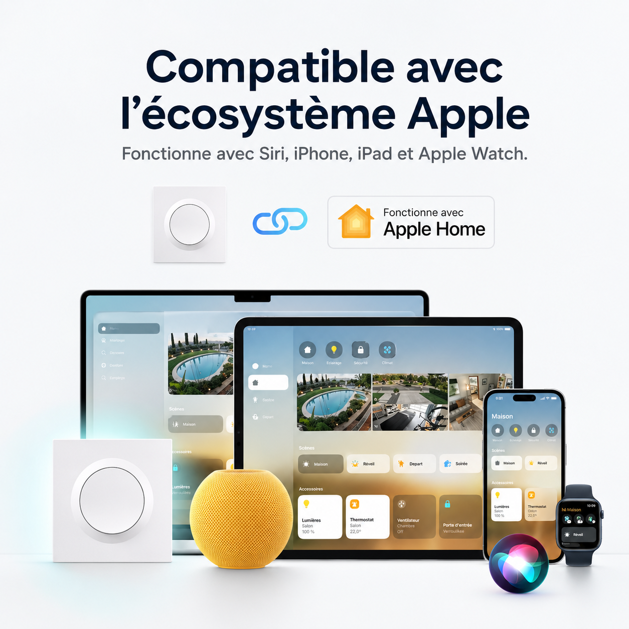 NéoSwitch Orb-Matter Pro, compatibilité Apple Home et Matter avec contrôle depuis iPhone, iPad et Apple Watch.