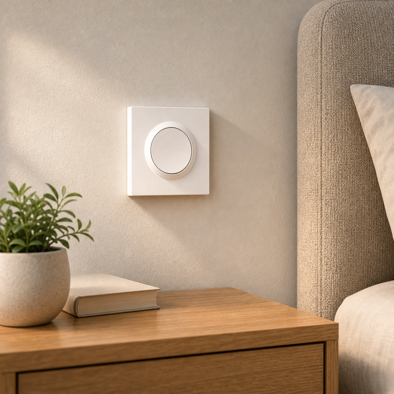 NéoSwitch Orb-Matter Pro installed above a wooden bedside table