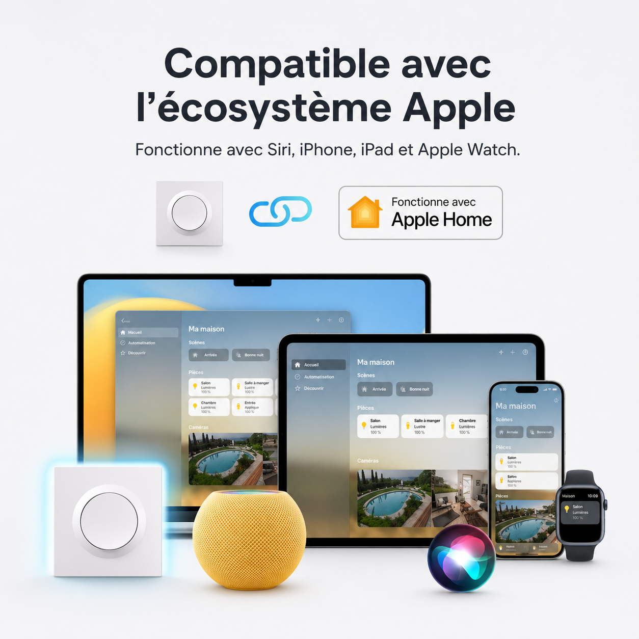NéoSwitch Orb-Matter Pro, compatible avec l'écosystème Apple Home, Siri, iPhone, iPad et Apple Watch.