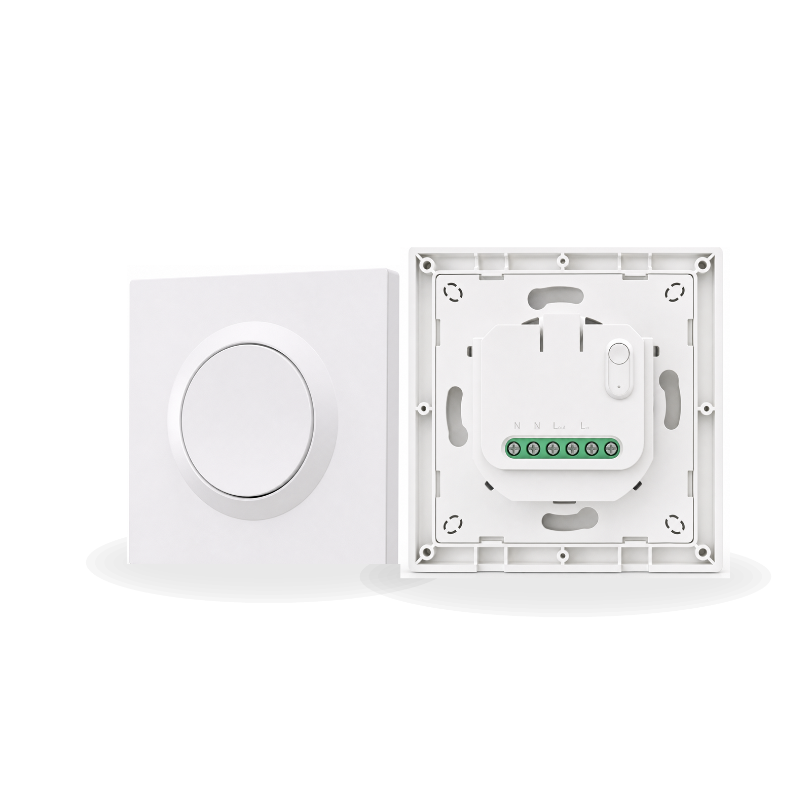 Commutateur connecté Matter NéoSwitch Orb-Matter Pro blanc avec vue de face et module arrière bornier sur fond studio blanc.