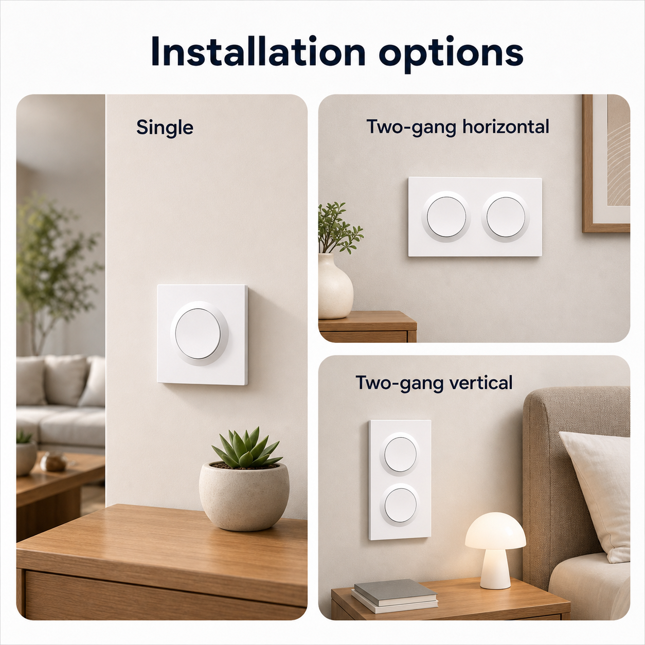 Installation options for NéoSwitch Orb-Matter Pro in single and two-gang wall frames