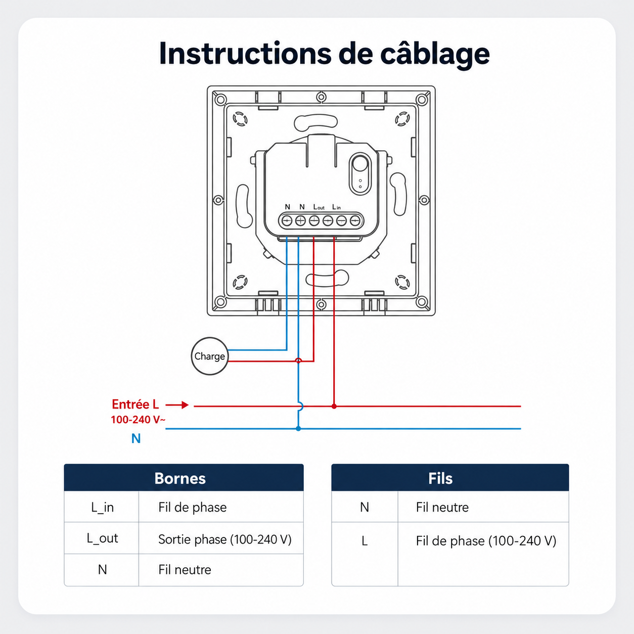 NéoSwitch Orb-Matter Pro, instructions de câblage avec bornes et fils pour installation murale.