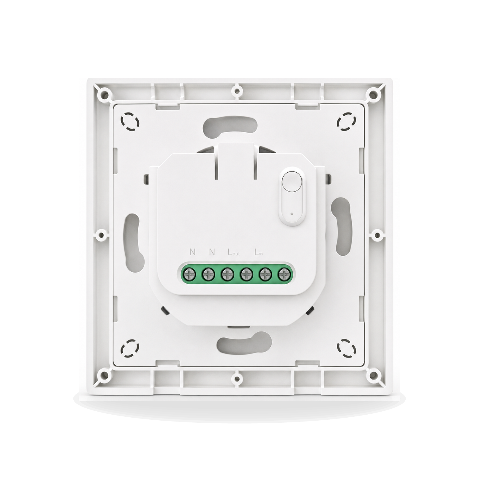 Module arrière du commutateur connecté Matter NéoSwitch Orb-Matter Pro blanc avec bornier visible sur fond studio blanc.