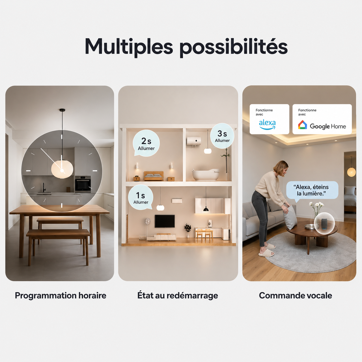 NéoSwitch Orb-Matter Pro, multiples possibilités avec programmation horaire, état au redémarrage et commande vocale.