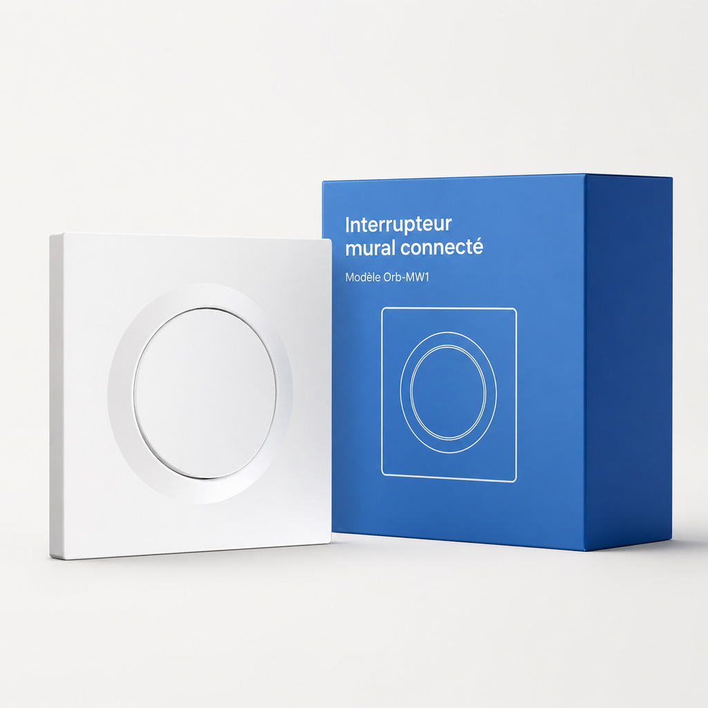 NéoSwitch Orb-Matter Pro, interrupteur mural connecté avec packaging bleu et design compact.