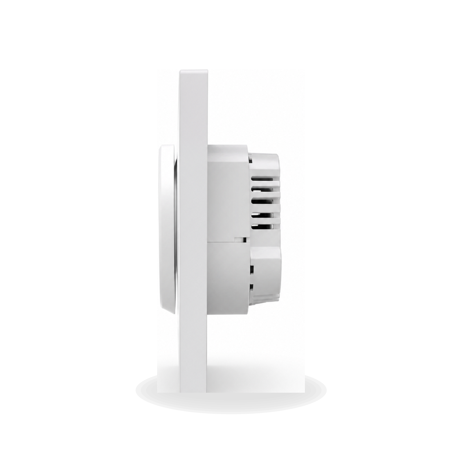 Profil latéral du commutateur connecté Matter NéoSwitch Orb-Matter Pro blanc avec module arrière visible sur fond studio blanc.