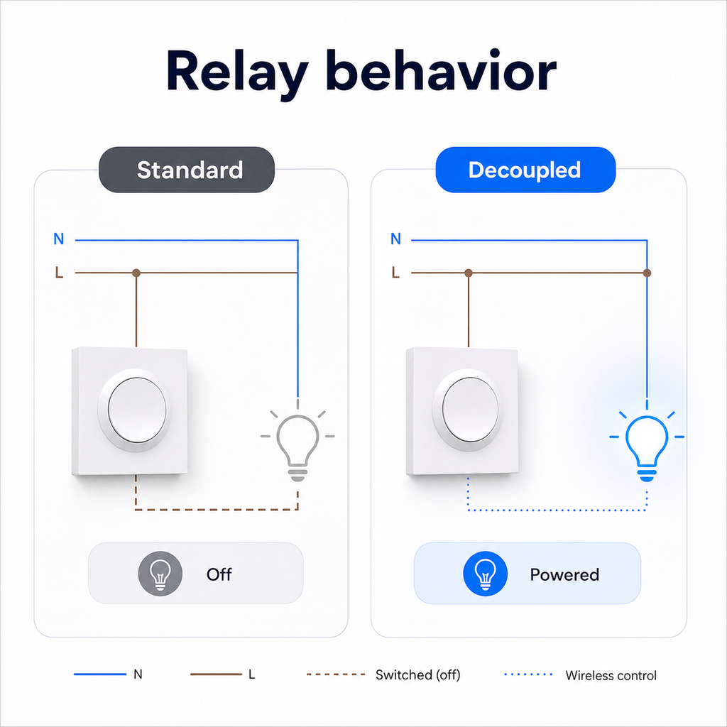 Relay behavior diagram for NéoSwitch Orb-Matter Pro wall switch
