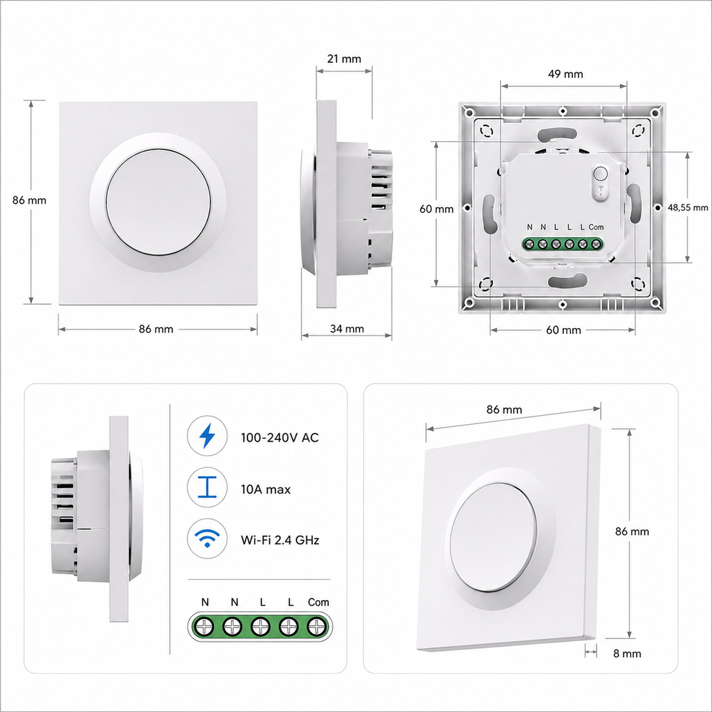Technical dimensions sheet for NéoSwitch Orb-Matter Pro wall switch