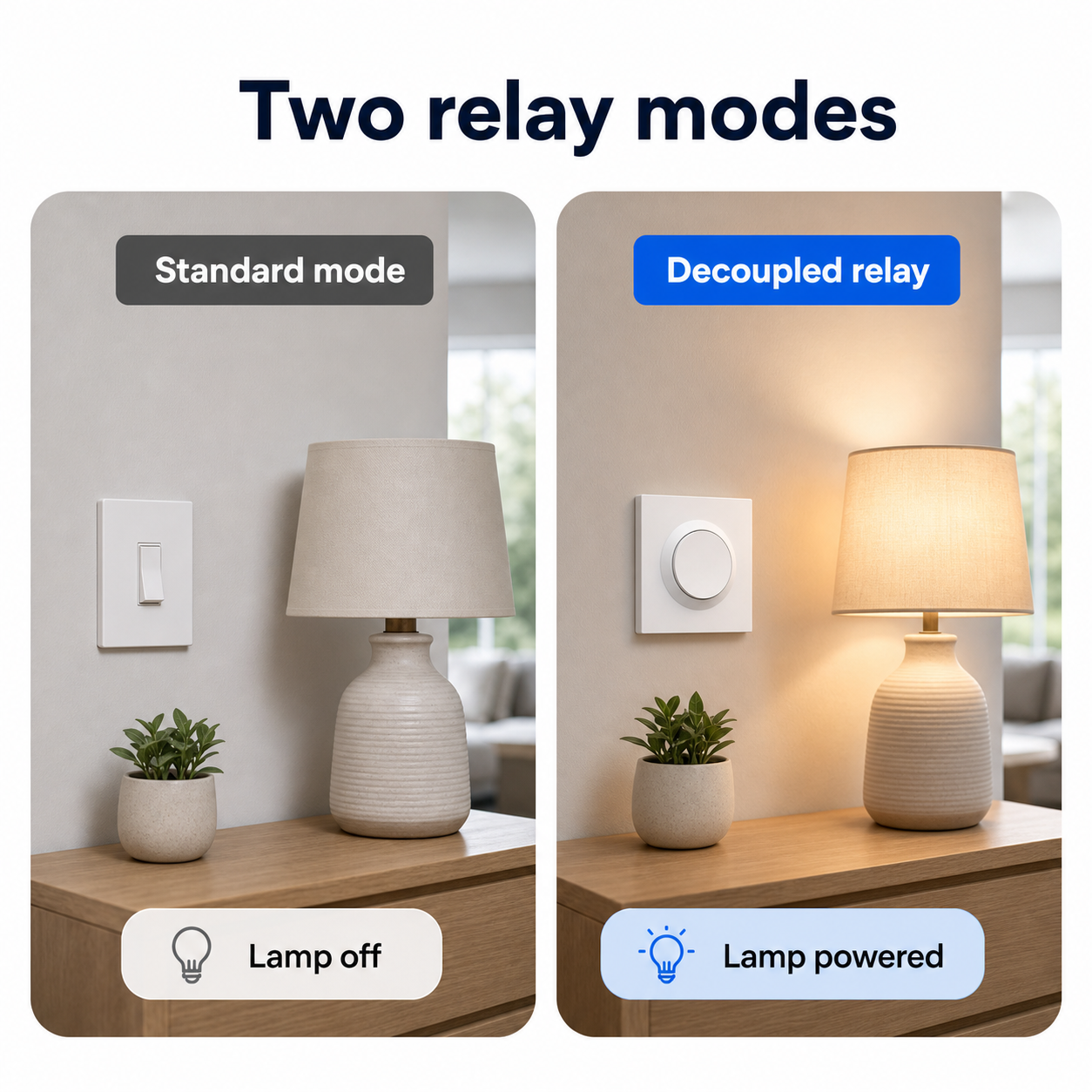 Two relay modes comparison for NéoSwitch Orb-Matter Pro smart wall switch