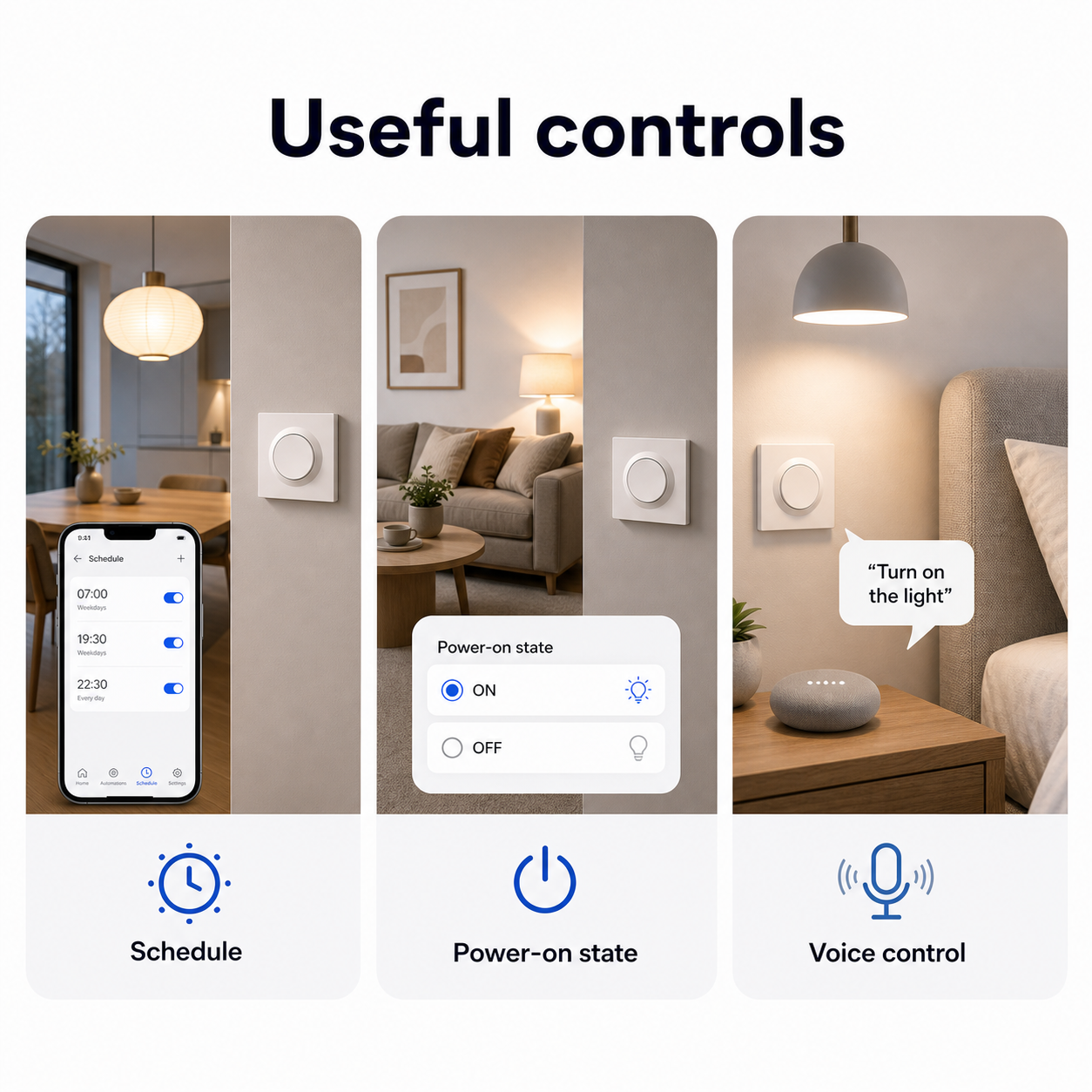 Useful controls overview for NéoSwitch Orb-Matter Pro including schedule and voice control
