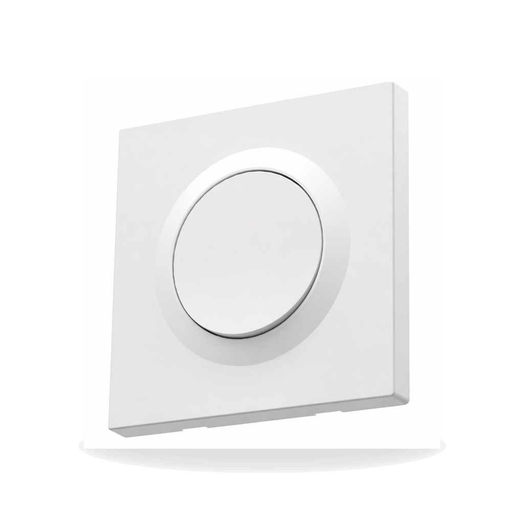 Commutateur connecté Matter NéoSwitch Orb-Matter Pro blanc en vue angle avec façade ronde sur fond studio blanc.