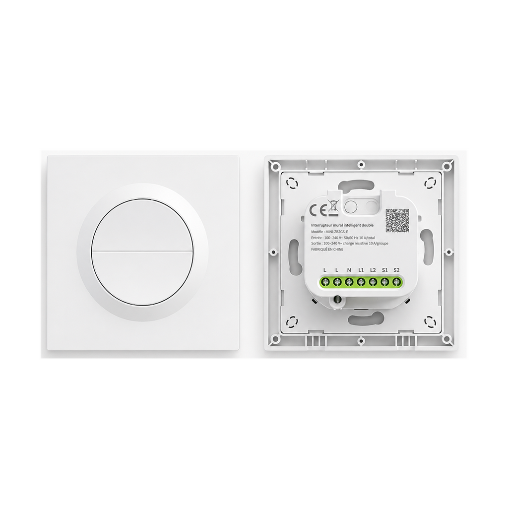 Interrupteur NéoSwitch Orb-Zigbee Dual Pro 16A avec face avant et module arrière sur fond blanc.