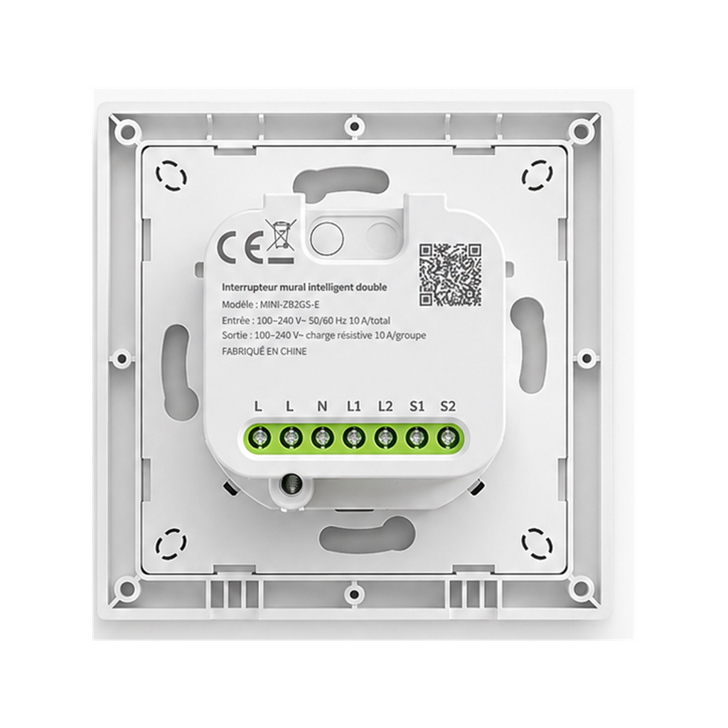 Module arrière et connecteurs du NéoSwitch Orb-Zigbee Dual Pro 16A sur fond blanc.