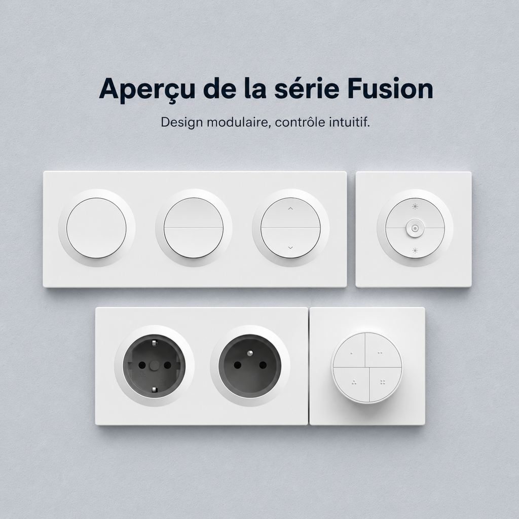 Aperçu de la série Fusion avec modules NéoSwitch Orb-Zigbee Dual Pro, prises, interrupteurs et commandes murales.