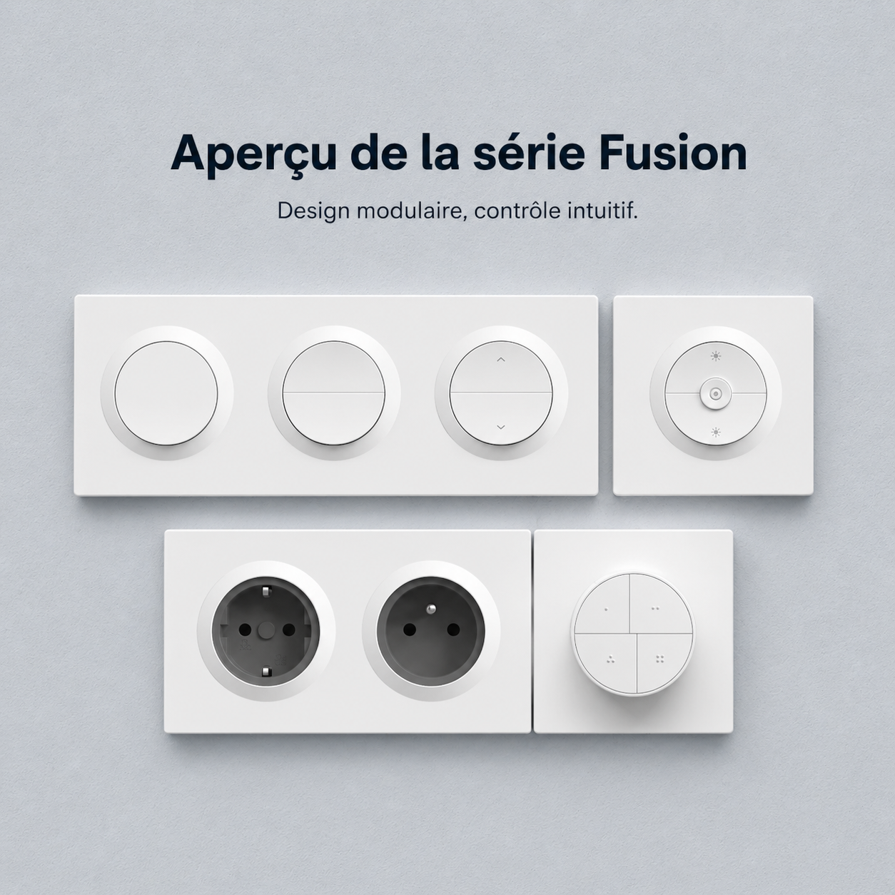 Aperçu de la série Fusion avec modules NéoSwitch Orb-Zigbee Dual Pro, prises, interrupteurs et commandes murales.