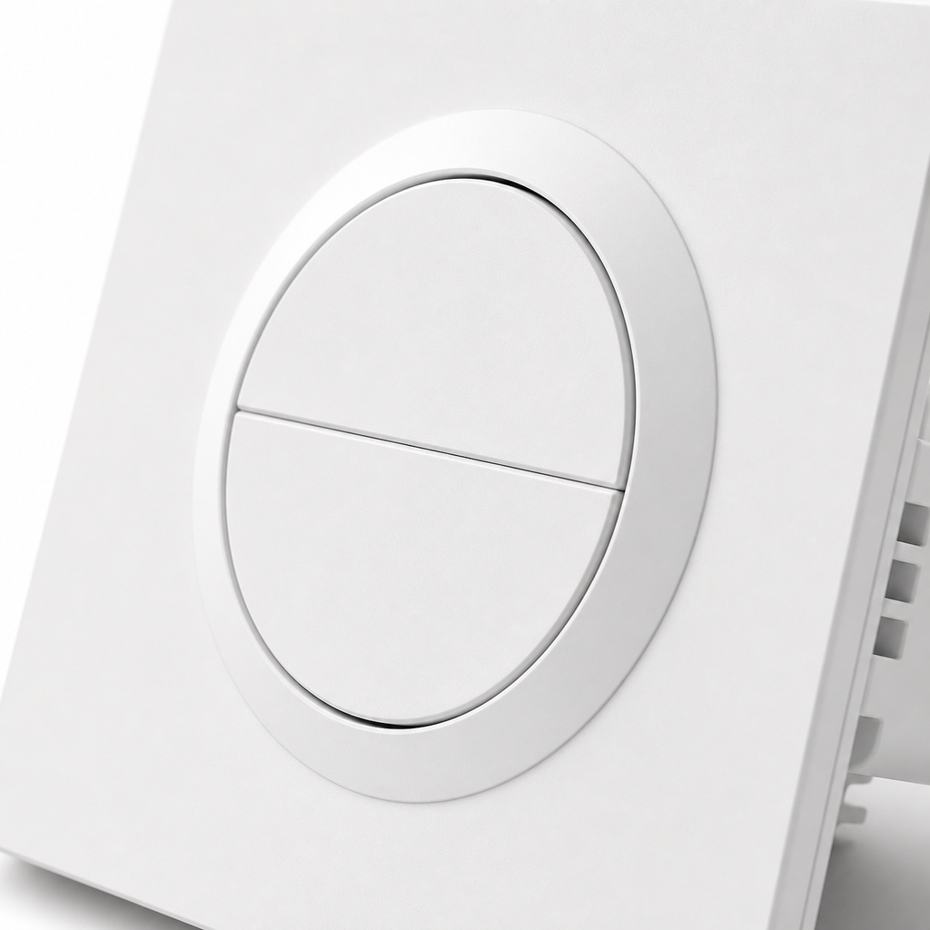 Close-up circular two-segment button detail of NéoSwitch Orb-Zigbee Dual Pro