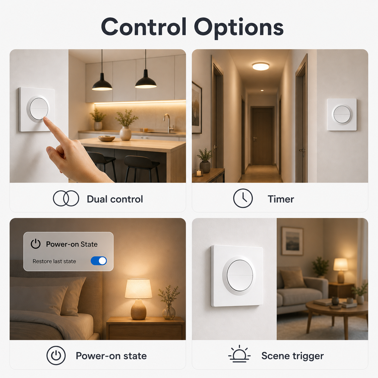 Control options for NéoSwitch Orb-Zigbee Dual Pro with timer, scenes and dual control