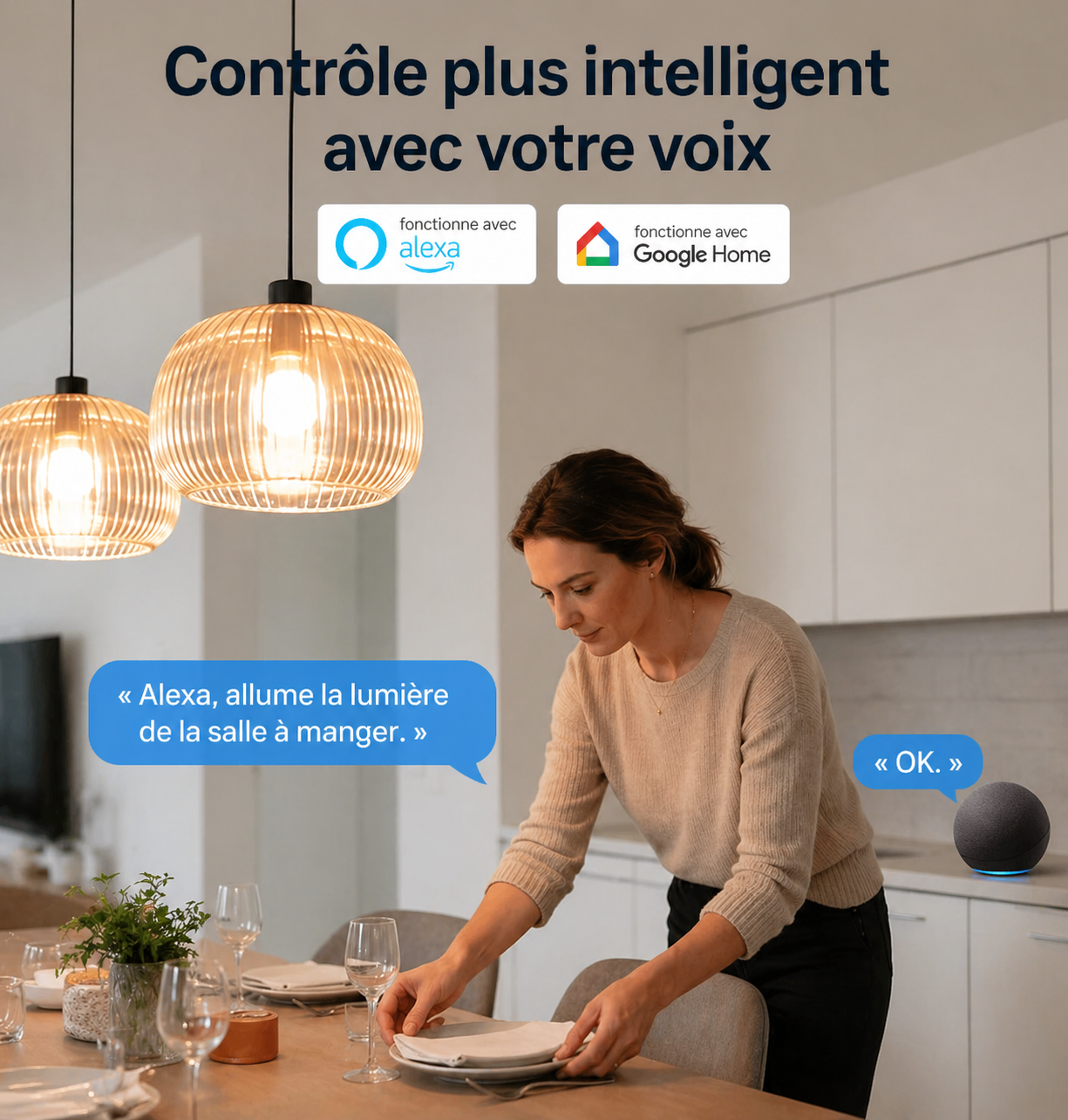 NéoSwitch Orb-Zigbee Dual Pro, contrôle vocal avec Alexa et Google Home pour allumer les lumières à la voix.