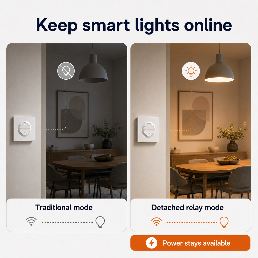 Detached relay comparison showing smart lights kept online with NéoSwitch Orb-Zigbee Dual Pro