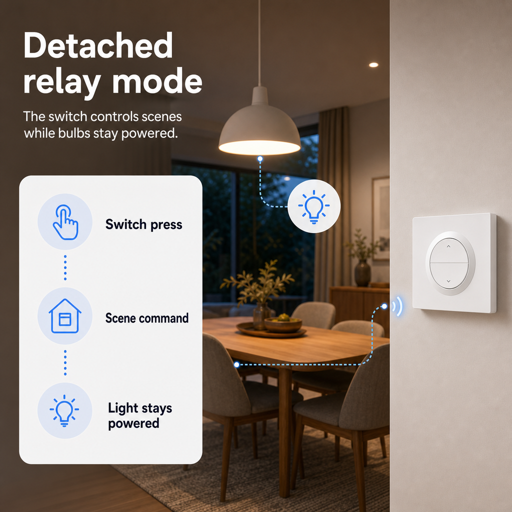 Detached relay mode flow for NéoSwitch Orb-Zigbee Dual Pro smart switch