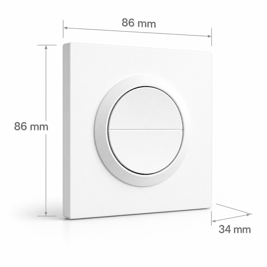 Dimensions diagram of white round smart wall switch showing 86 mm width, 86 mm height and 34 mm depth