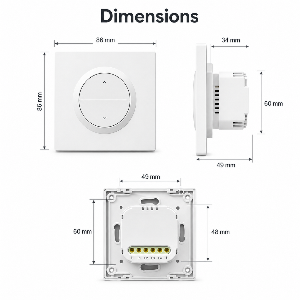 Dimensions diagram for NéoSwitch Orb-Zigbee Dual Pro wall switch and module