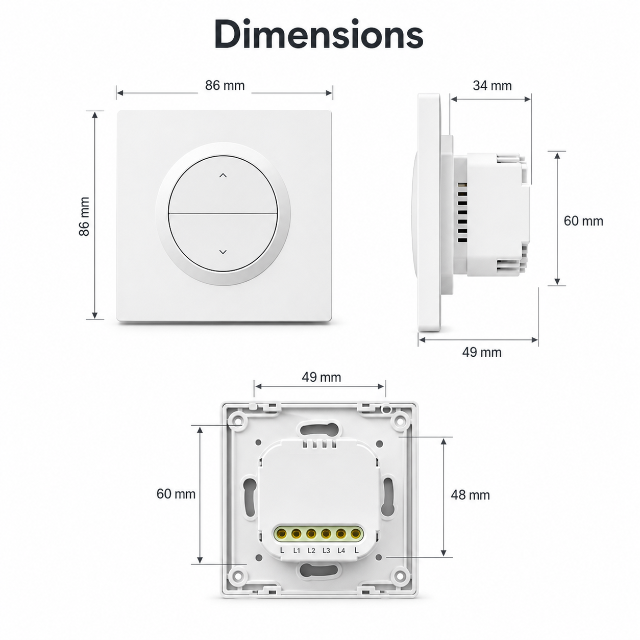 Dimensions diagram for NéoSwitch Orb-Zigbee Dual Pro wall switch and module