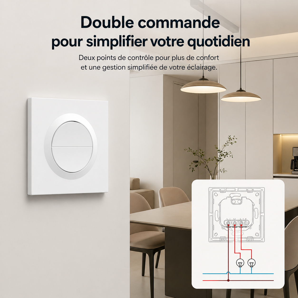 NéoSwitch Orb-Zigbee Dual Pro, double commande pour simplifier le quotidien avec schéma de câblage mural.