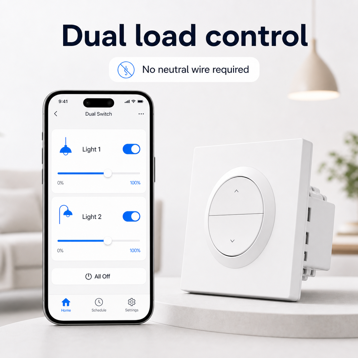 Dual load app control screen for NéoSwitch Orb-Zigbee Dual Pro