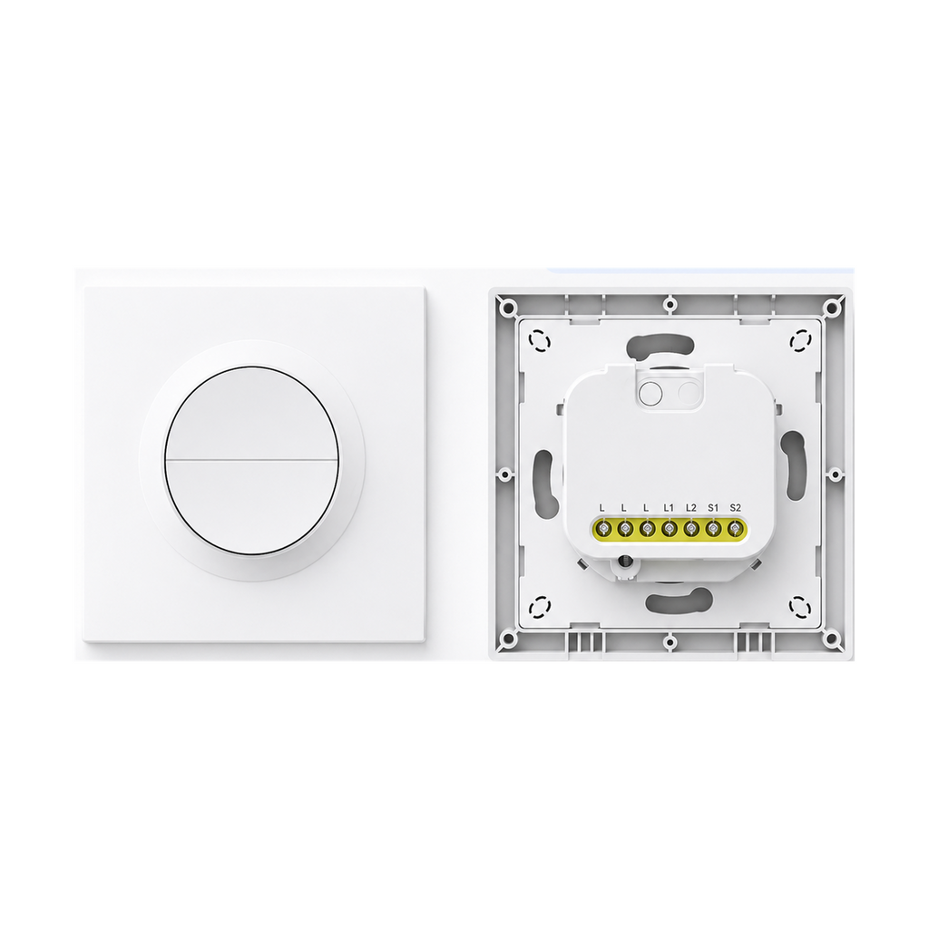 Interrupteur NéoSwitch Orb-Zigbee Dual Pro avec face avant et module arrière sur fond blanc.