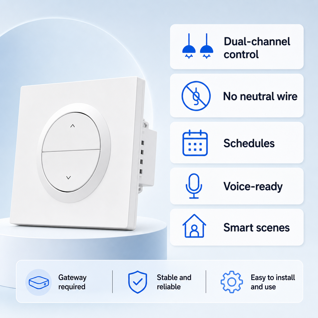 Feature overview for NéoSwitch Orb-Zigbee Dual Pro no-neutral dual-channel switch