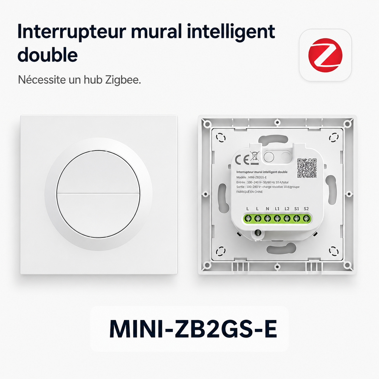 NéoSwitch Orb-Zigbee Dual Pro, interrupteur mural intelligent double MINI-ZB2GS-E avec face avant et câblage arrière.