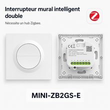 NéoSwitch Orb-Zigbee Dual Pro, interrupteur mural intelligent double MINI-ZB2GS-E avec face avant et câblage arrière.