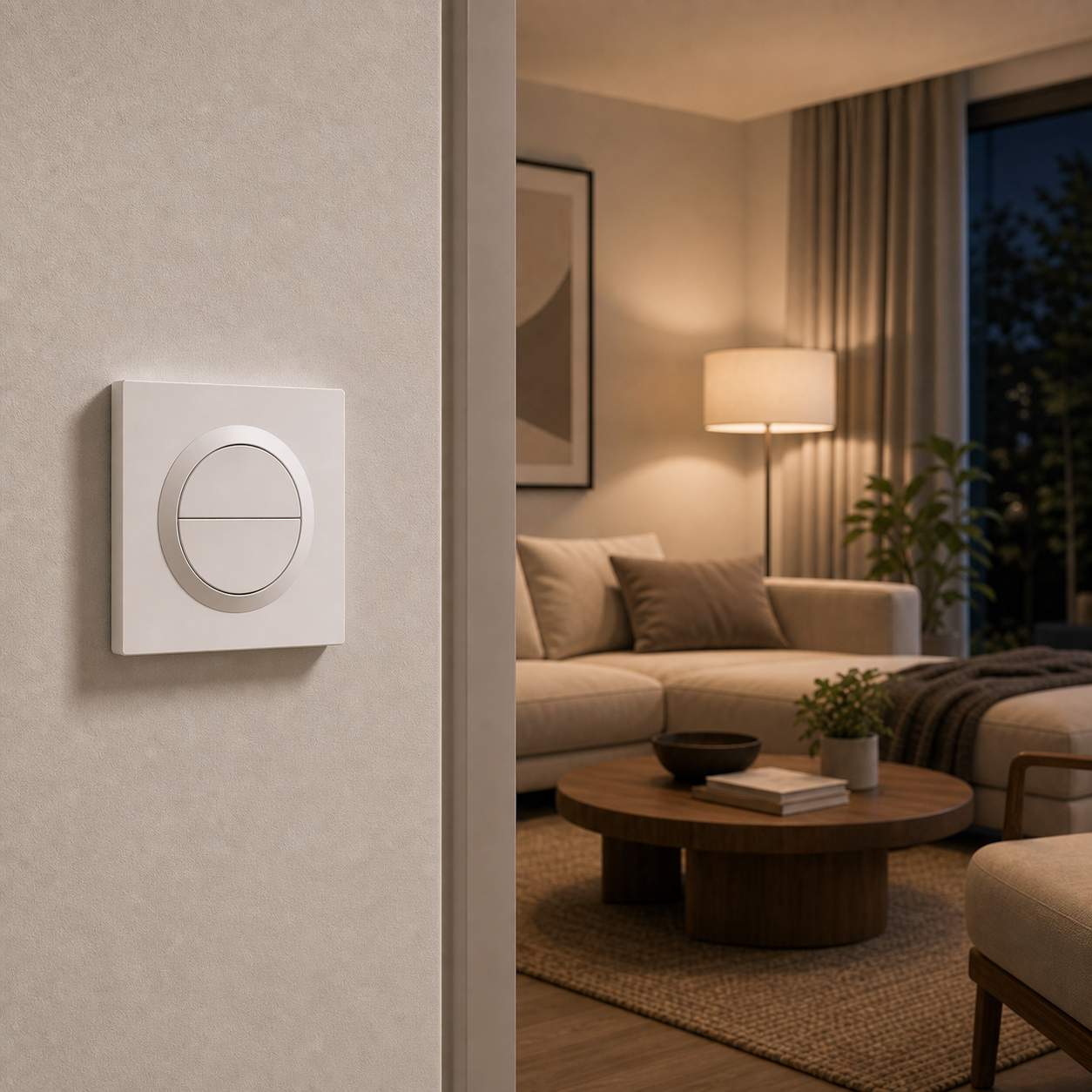 Living room lifestyle scene with NéoSwitch Orb-Zigbee Dual Pro on the wall