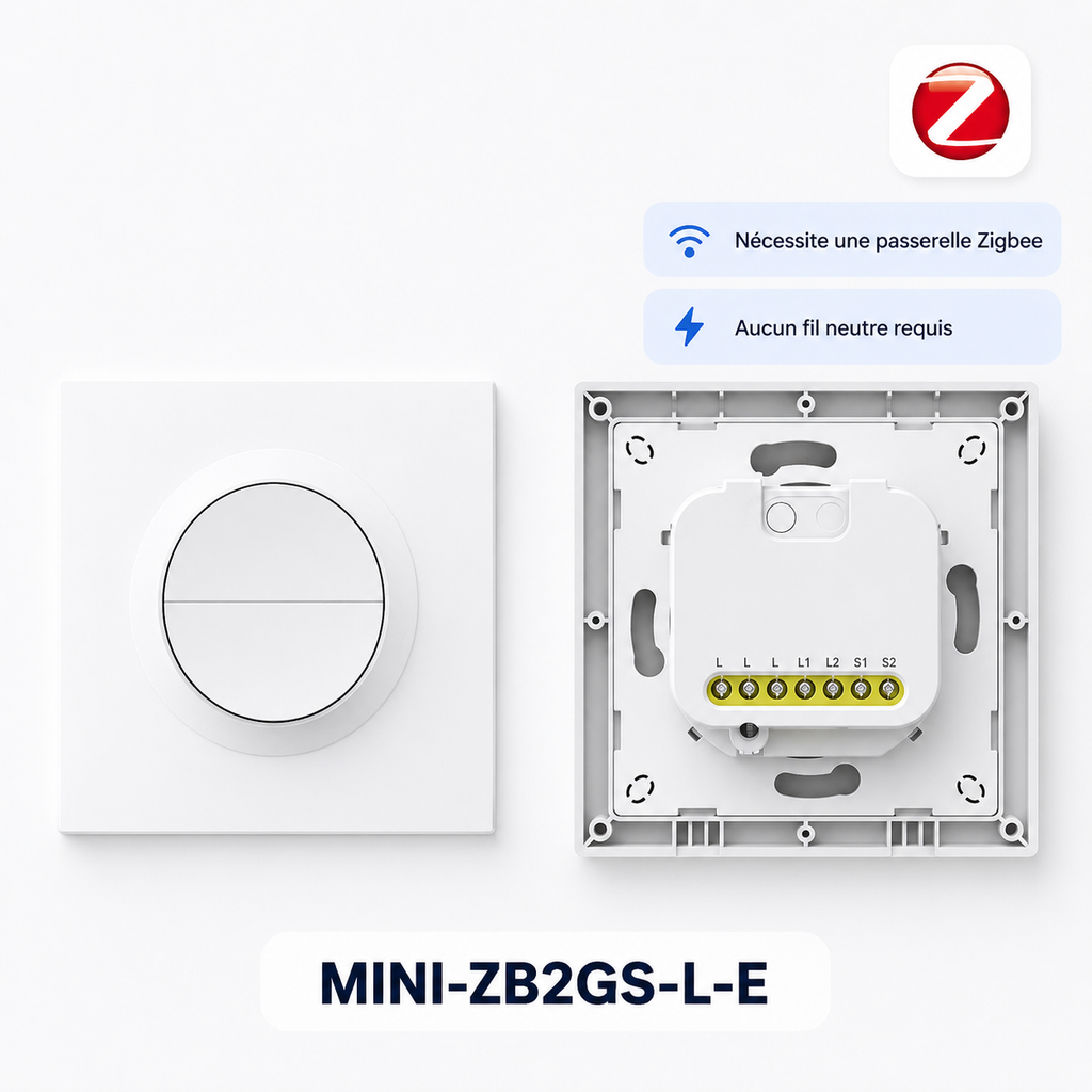 NéoSwitch Orb-Zigbee Dual Pro MINI-ZB2GS-L-E, interrupteur mural intelligent double sans neutre avec module arrière.