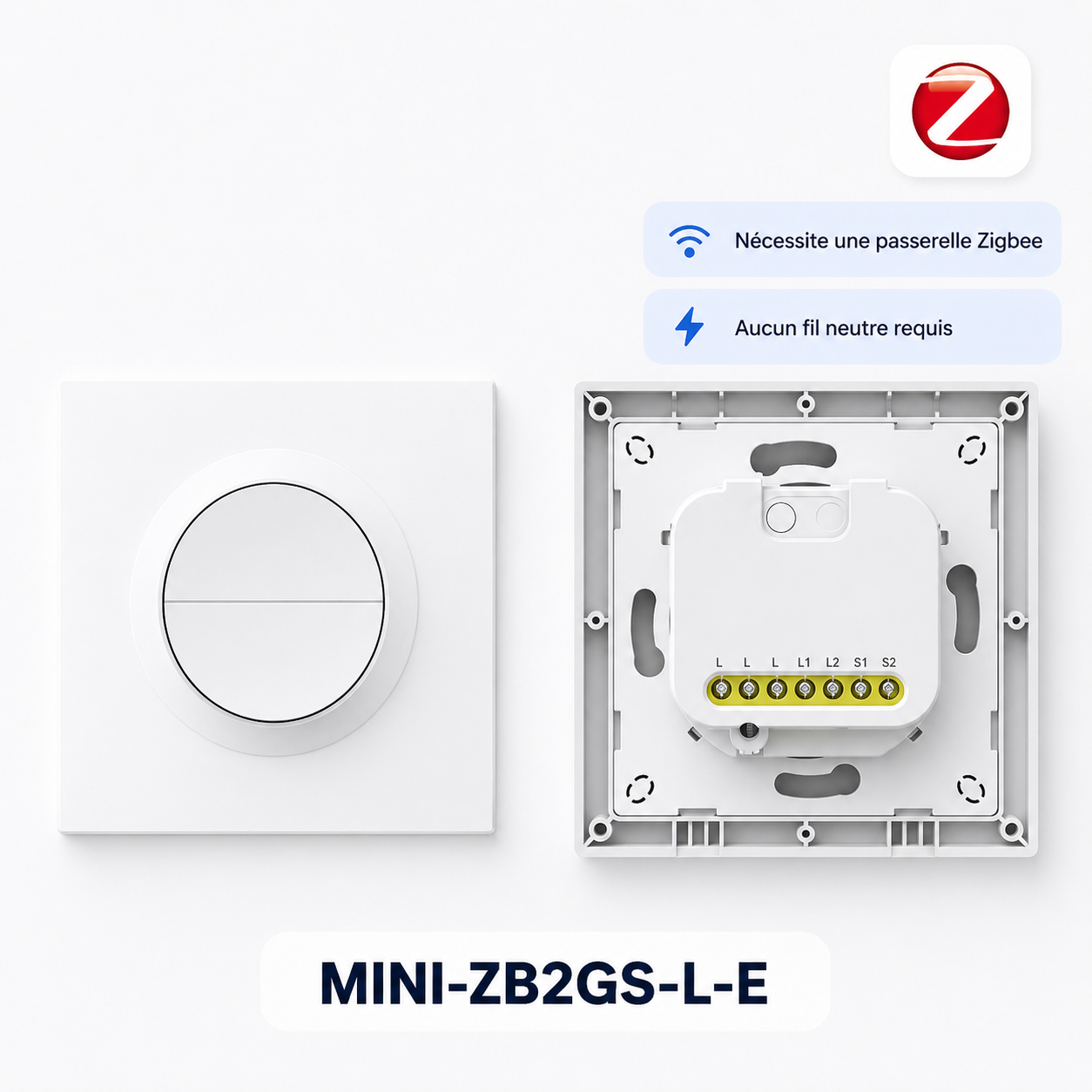 NéoSwitch Orb-Zigbee Dual Pro MINI-ZB2GS-L-E, interrupteur mural intelligent double sans neutre avec module arrière.