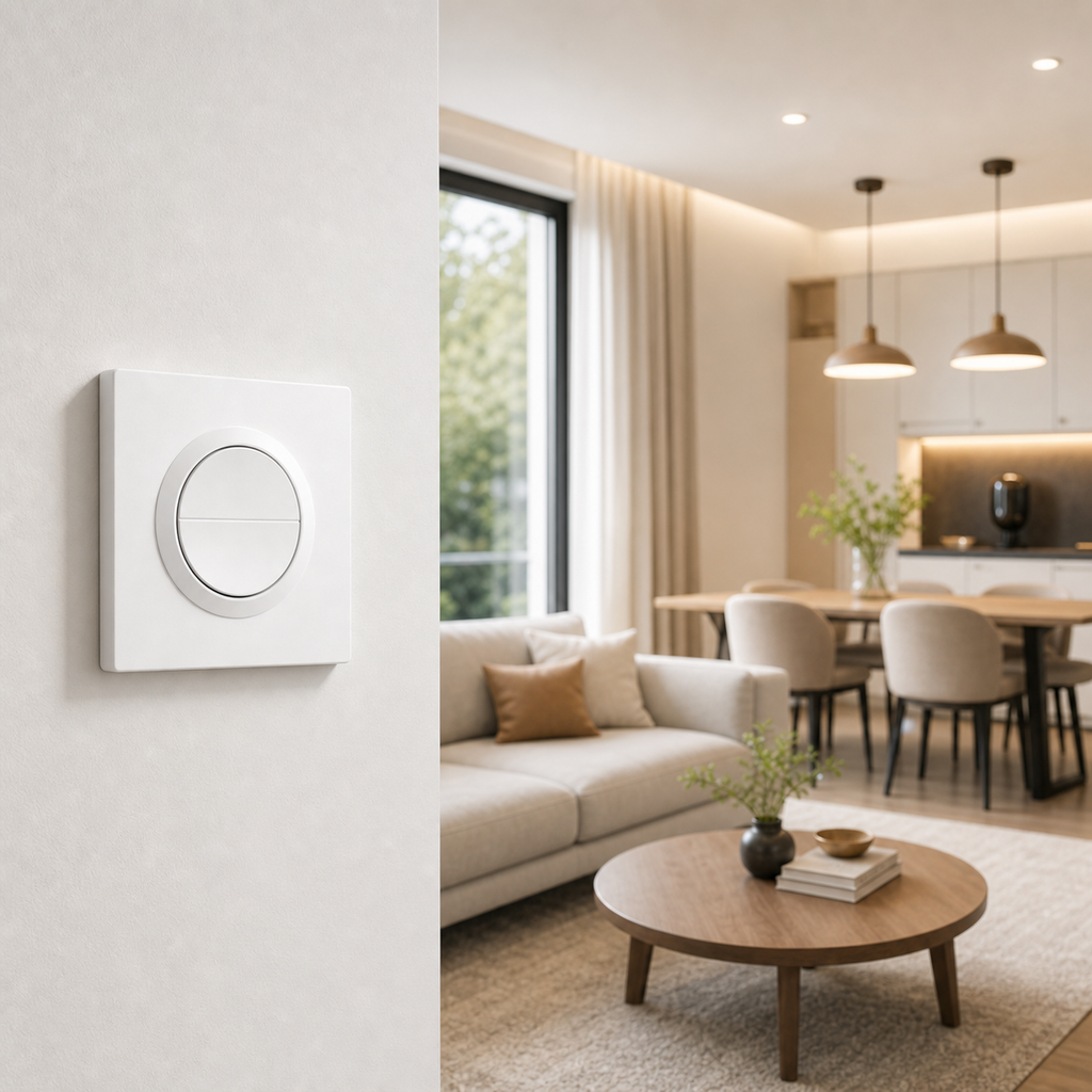 White round smart wall switch installed in a modern living room