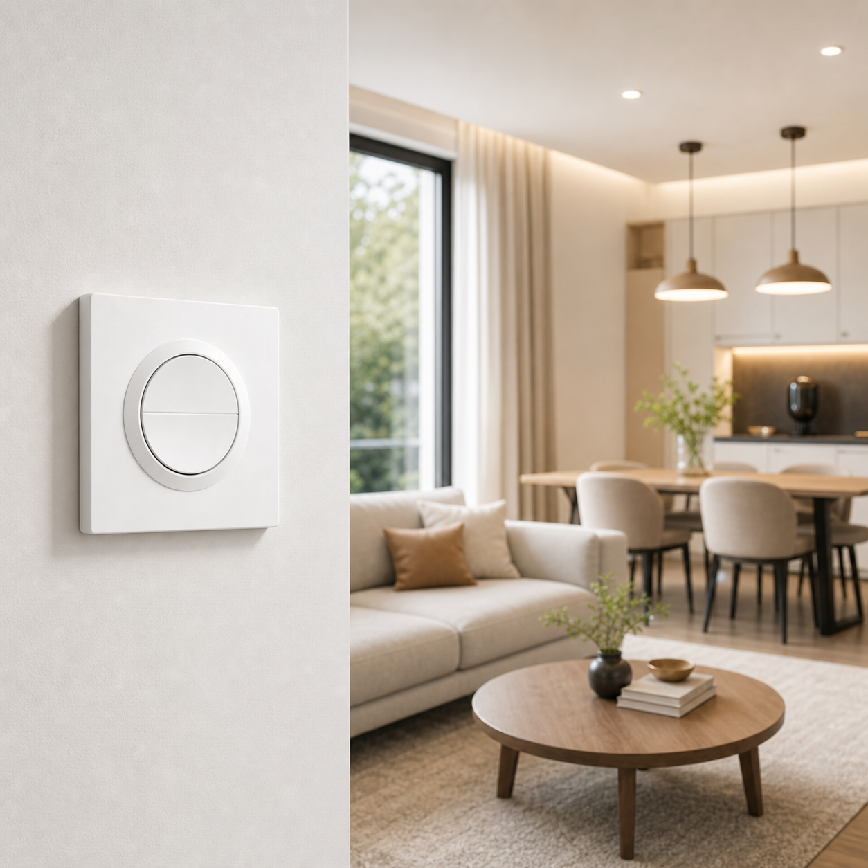 White round smart wall switch installed in a modern living room