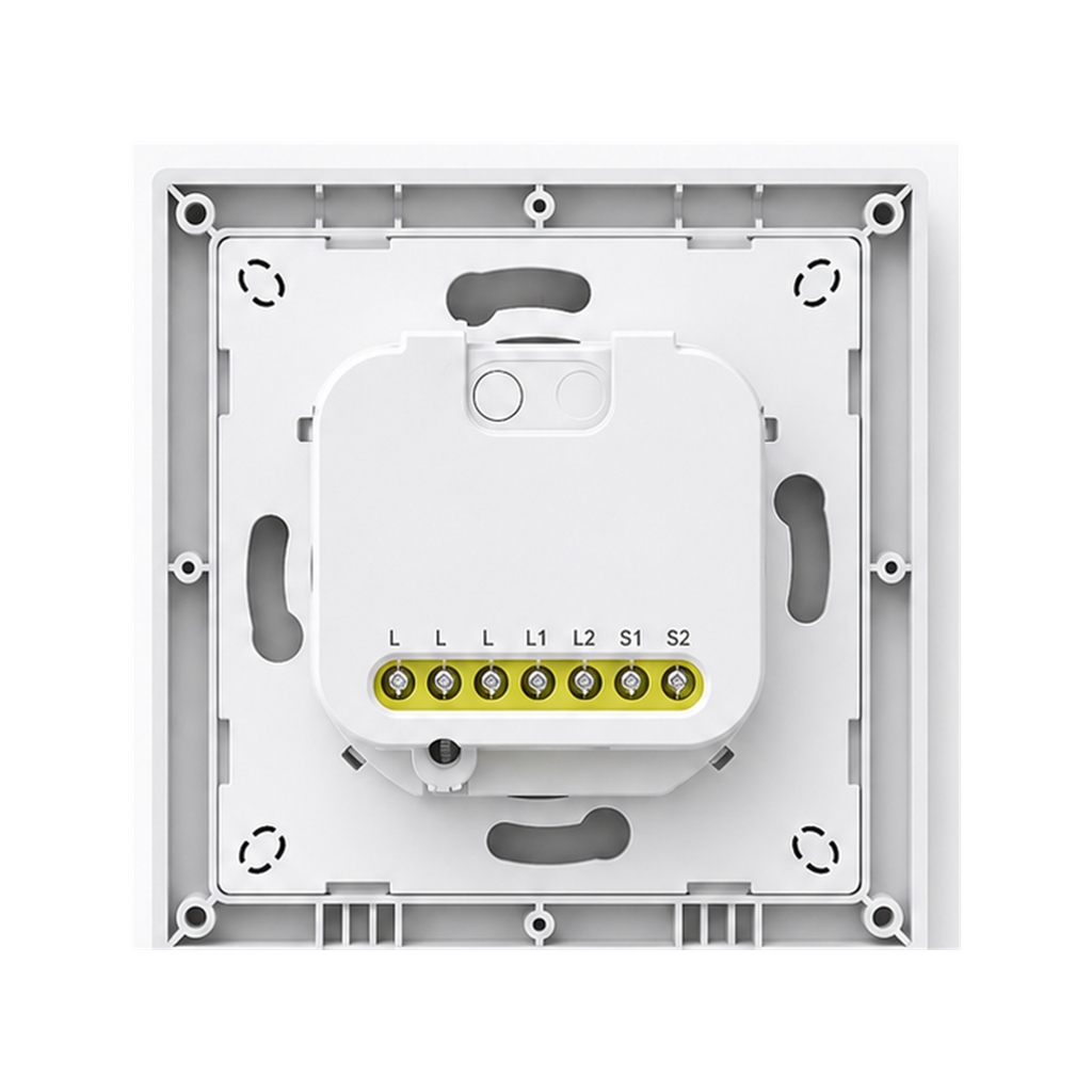 Module arrière avec connecteurs de l’interrupteur NéoSwitch Orb-Zigbee Dual Pro sur fond blanc.