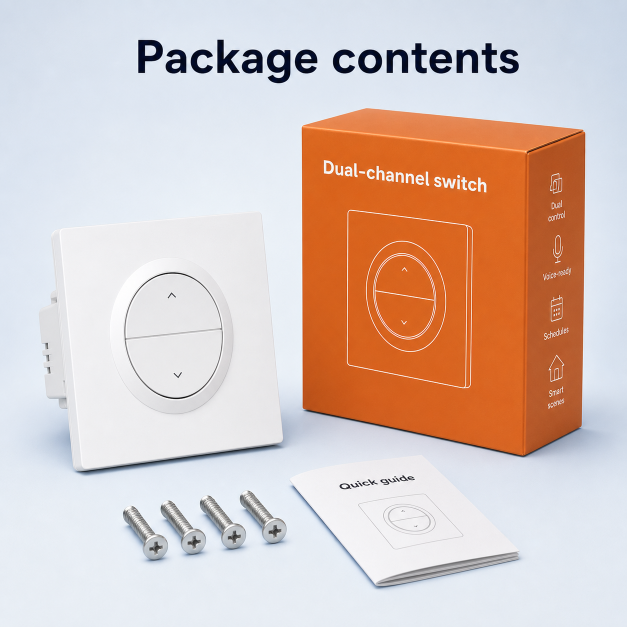 Package contents for NéoSwitch Orb-Zigbee Dual Pro with switch box screws and quick guide