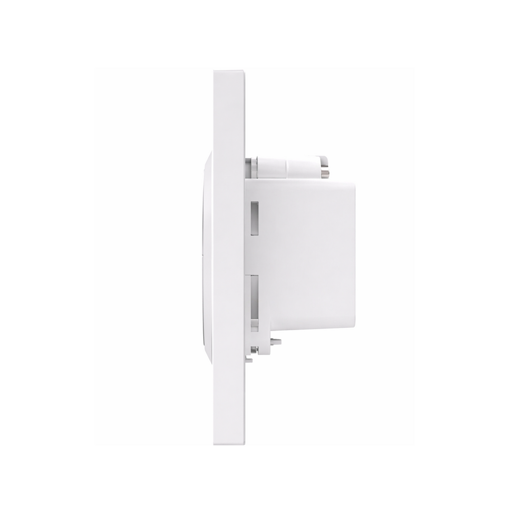 Profil latéral de l’interrupteur NéoSwitch Orb-Zigbee Dual Pro avec module arrière sur fond blanc.