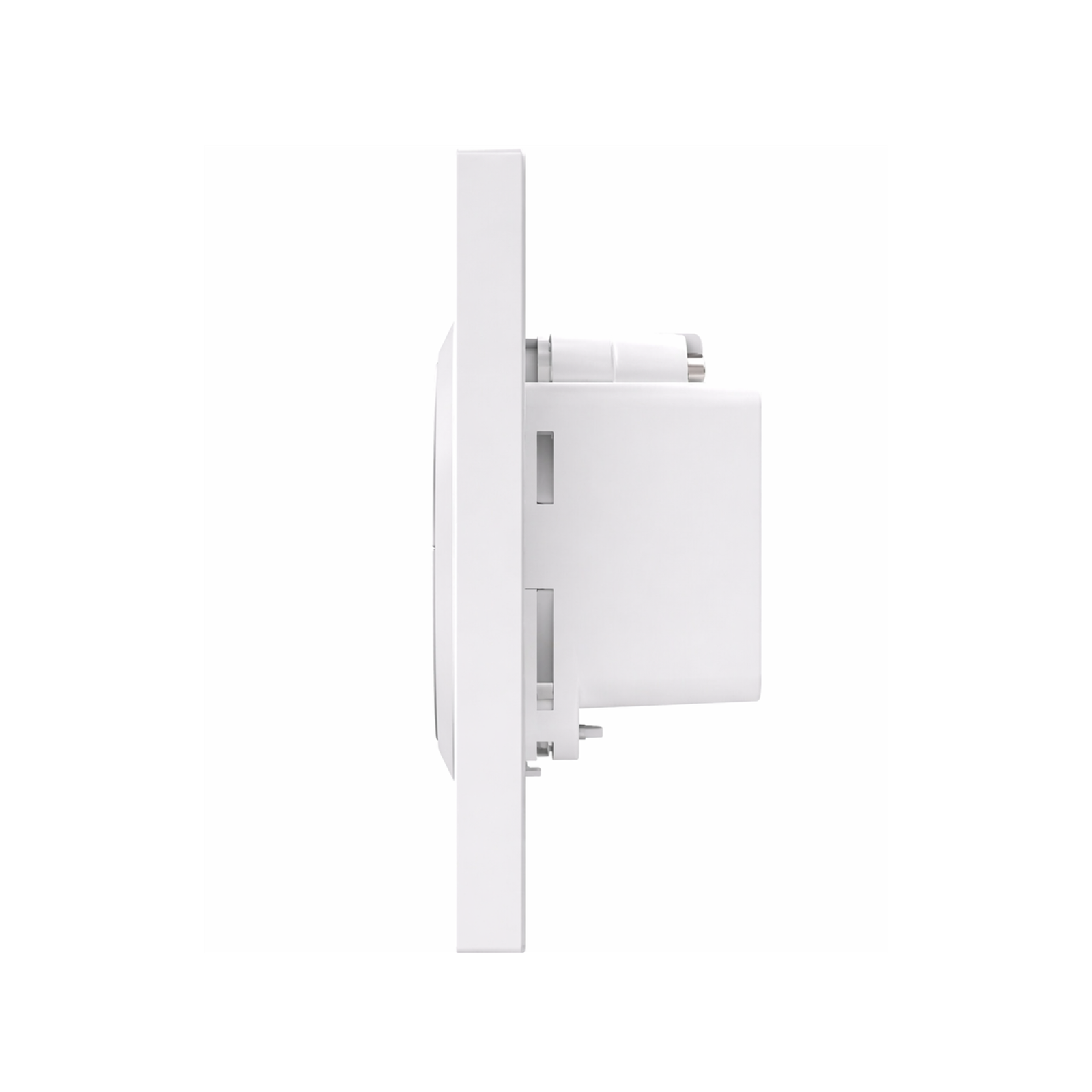 Profil latéral de l’interrupteur NéoSwitch Orb-Zigbee Dual Pro avec module arrière sur fond blanc.