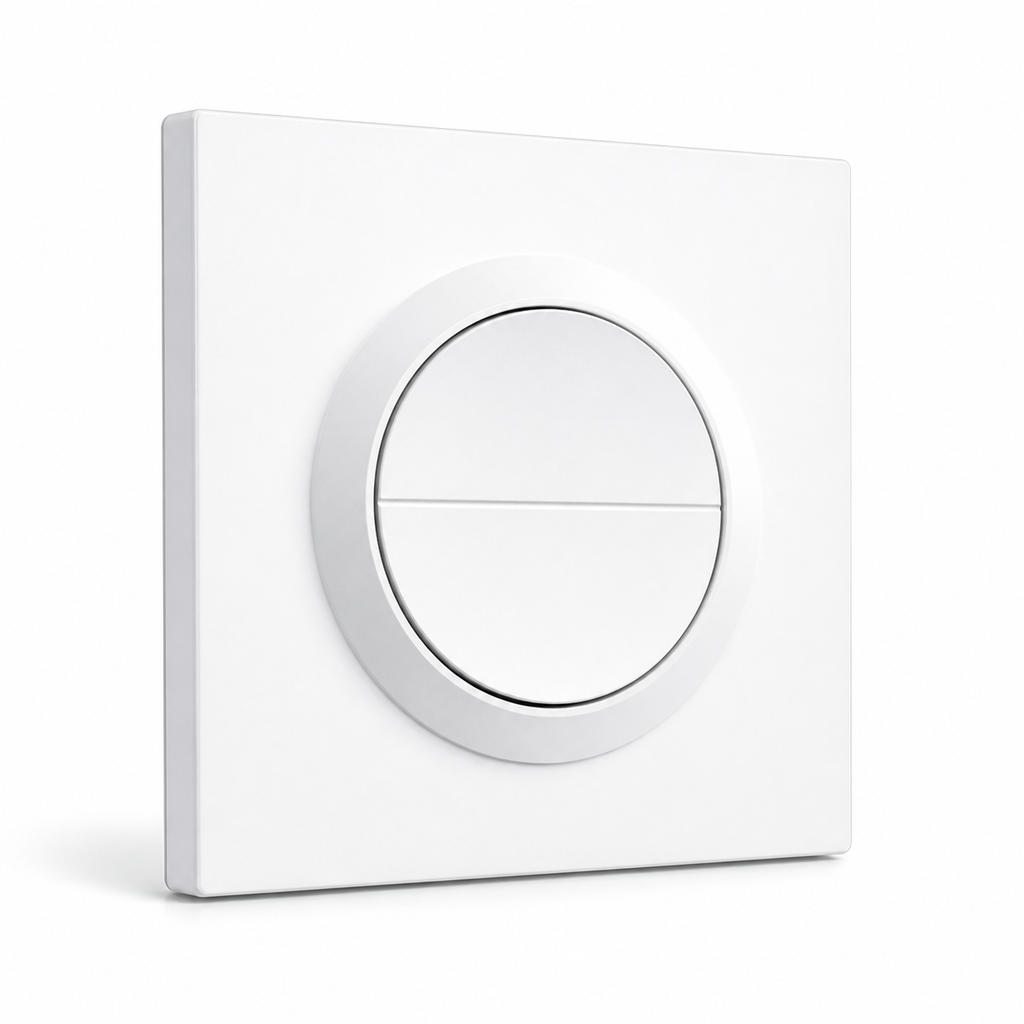 Studio angled packshot of white round dual-button Zigbee smart wall switch