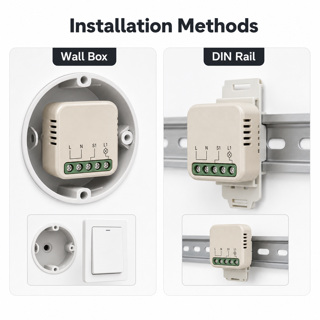 Wall box and DIN rail installation methods for mini smart switch module